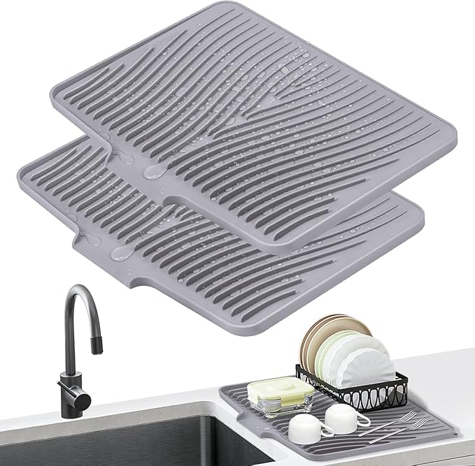 Silicone Dish Drying Mat for Kitchen counter, 19.7"x17" 2Pcs Extra Large Non-Slip Drain Pad with Built-in Drainage, Heat Resistant Dishwasher Safe, Grey