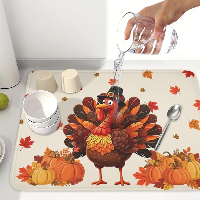 Thanksgiving Dish Drying Mat for Kitchen Counter Autumn Harvest Turkey Pumpkin Maple Leaves Microfiber Dish Drainer Mat Rustic Fall Holiday Absorbent Washable Drying Pad 18"x24"
