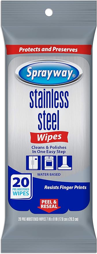Sprayway Stainless Steel Wipes, Water Based, Pack of 20 (SW5012R) | Streak-Free, Pre-Moistened Wipes | Removes Fingerprints & Grease | For Appliances & Metal Surfaces