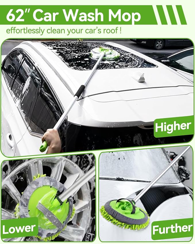 62’’ Car Wash Brush Kit with 2 Replacement Head Covers, Microfiber Car Washing Kit with Long Handle, Car Wash Mop for Cars RV Truck Exterior