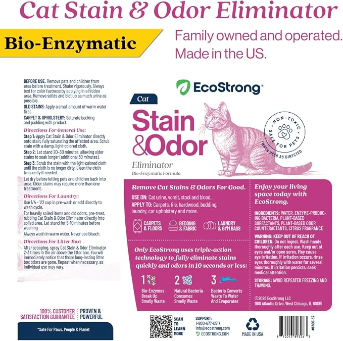Eco Strong Cat Stain And Odor Remover | Enzyme Urine Odor Neutralizer - Stain Remover for Carpet, Litter Boxes, Bedding, and Laundry [Citrus Scent, 32 oz. Spray]