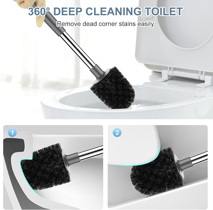 SetSail Toilet Brush and Holder 4 Pack, Self Closing Lid Toilet Bowl Brushes Holder Extra Long Handle Ventilated Toilet Brush Set for Bathroom Cleaning, Nylon Bristles, Grey