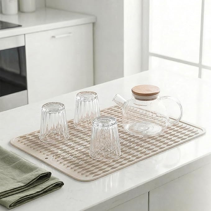 MicoYang Silicone Dish Drying Mat — Quick-Dry Ridges Counter & Sink Pad, Heat-Resistant Trivet to 450°F, Non-Slip & Dishwasher Safe, Roll-Up Storage, 18 Colors & 9 Sizes (Tapioca, 16"×12")