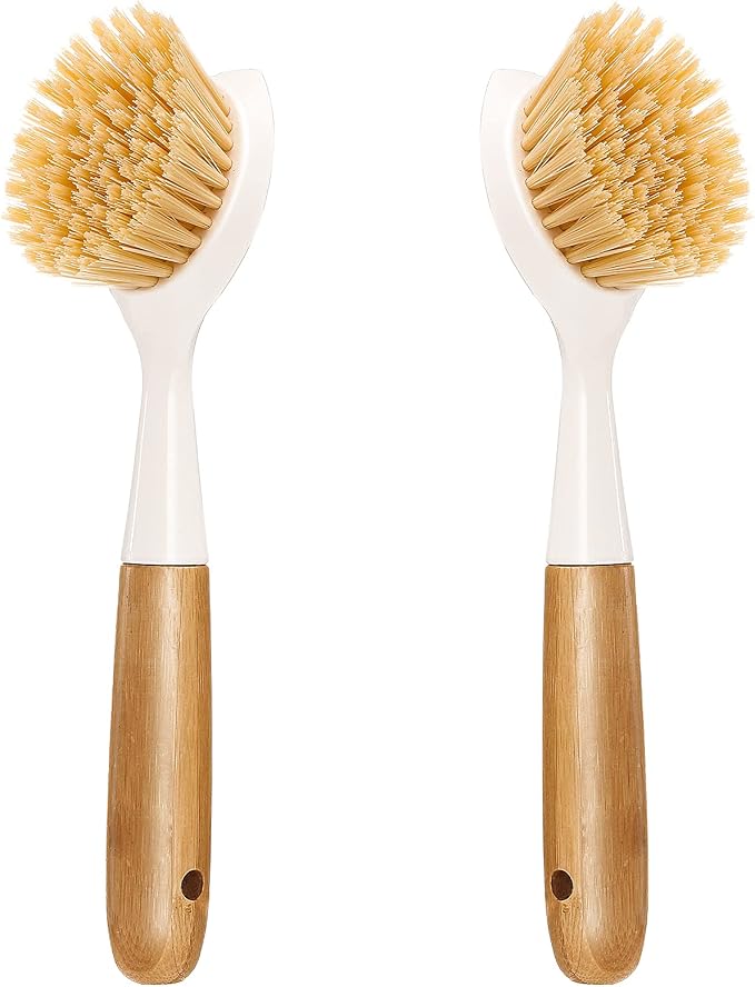 2 Pack Kitchen Dish Brush Bamboo Handle Dish Scrubber Built-in Scraper, Scrub Brush for Pans, Pots, Kitchen Sink Cleaning, Dishwashing and Cleaning Brushes are Perfect Cleaning Tools, White
