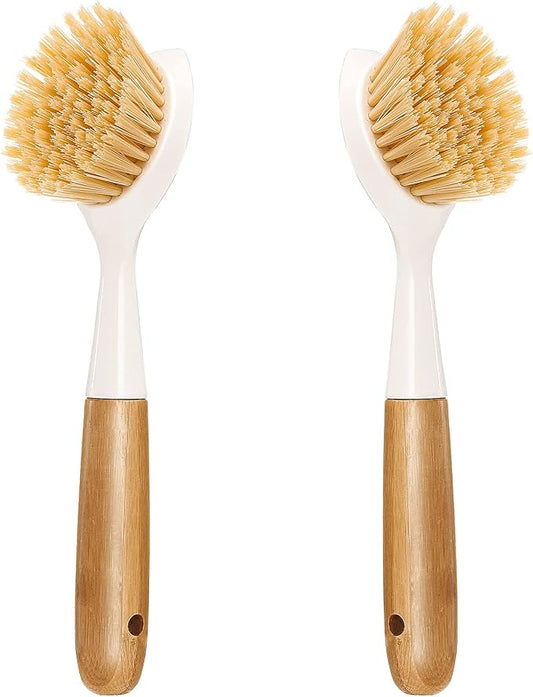 2 Pack Kitchen Dish Brush Bamboo Handle Dish Scrubber Built-in Scraper, Scrub Brush for Pans, Pots, Kitchen Sink Cleaning, Dishwashing and Cleaning Brushes are Perfect Cleaning Tools, White