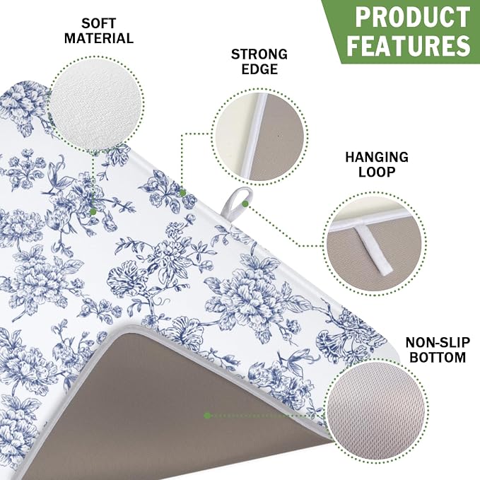Blue Floral Dish Drying Mat for Kitchen Counter Chinoiserie Flower Microfiber Dish Drainer Mat Vintage Rustic Elegant Absorbent Washable Drying Pad Extra Large 16"x18"