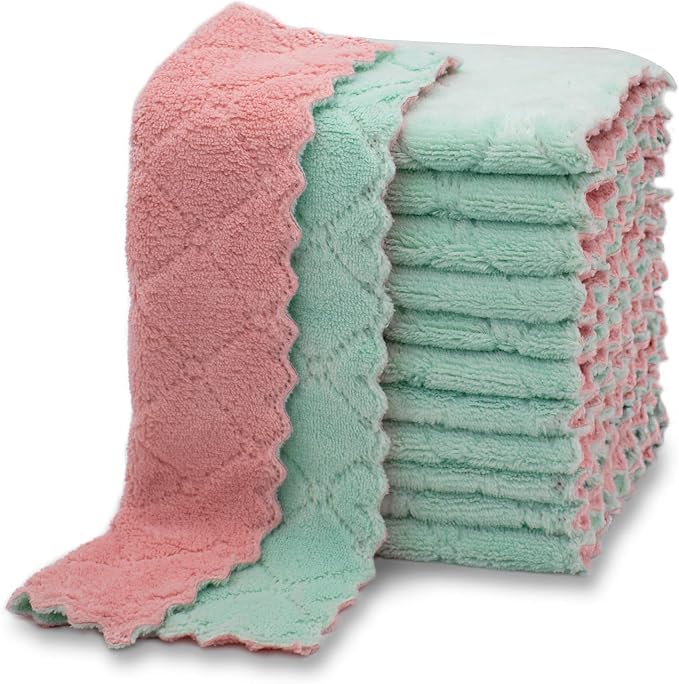 kimteny 12 Pack Dish Cloths for Washing Dishes, Super Absorbent Microfiber Kitchen Dish Rags, Fast Drying Coral Velvet Dish Cloths for Kitchen Counter and Dishes (Pink-Green)