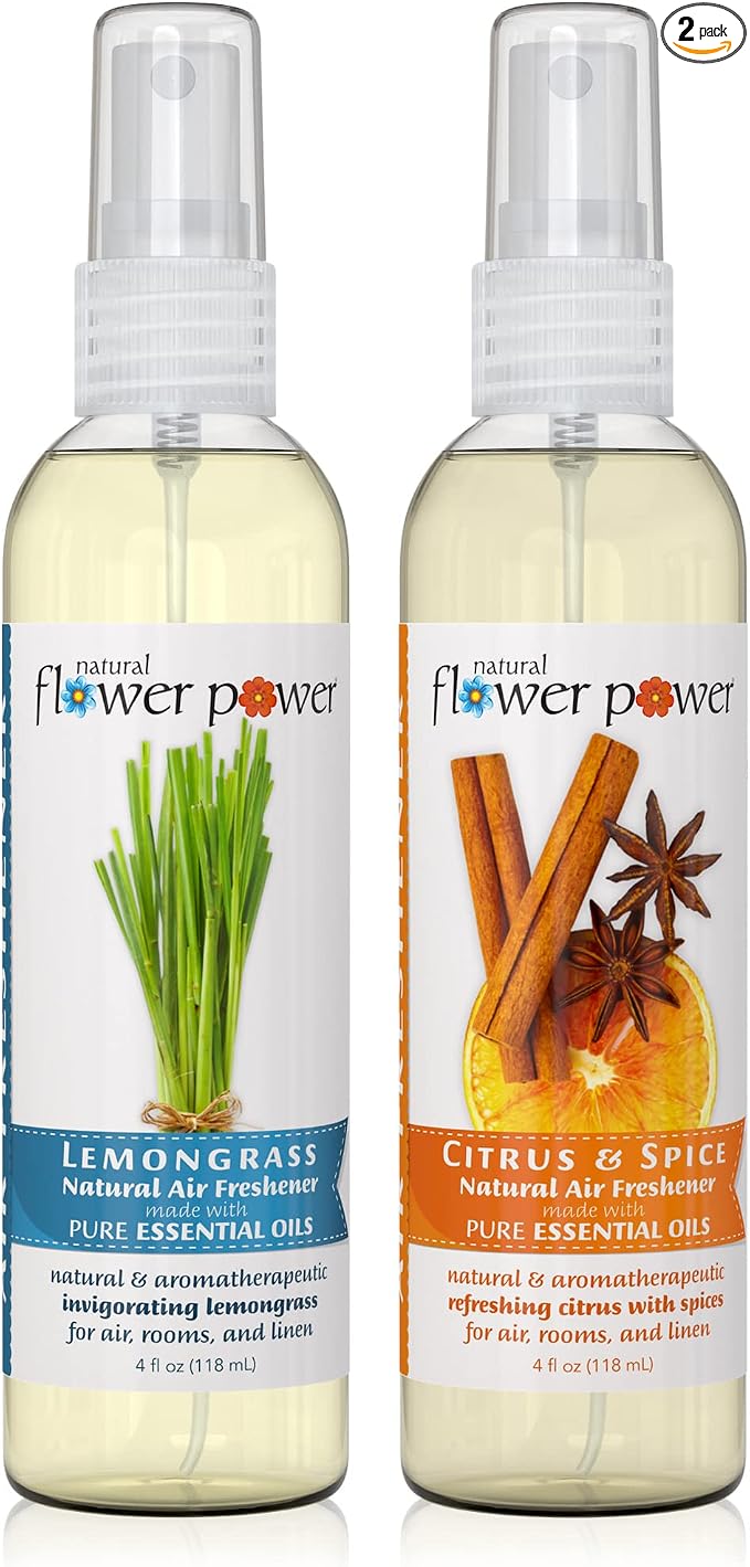 Natural Flower Power Air Freshener Spray - Odor Eliminator w/Essential Oils - Home, Car & Fabric - Cruelty Free & Vegan - Variety Pack - Lemongrass and Citrus & Spice - 2 x 4 fl oz