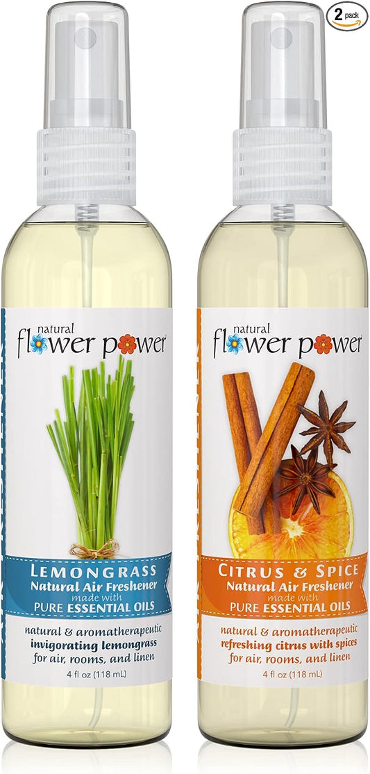 Natural Flower Power Air Freshener Spray - Odor Eliminator w/Essential Oils - Home, Car & Fabric - Cruelty Free & Vegan - Variety Pack - Lemongrass and Citrus & Spice - 2 x 4 fl oz