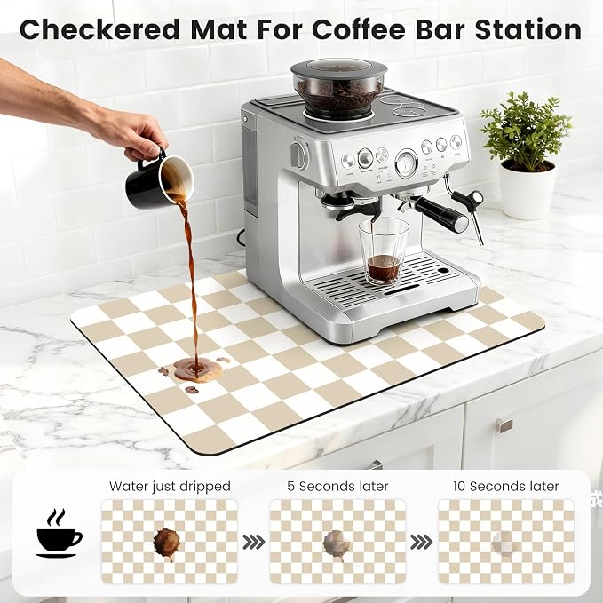 Checkered Dish Mat for Kitchen Coffee Station, 12" x 20" Beige | Quick Drying & Absorbent Mat for Coffee Bar Espresso Machine Countertops Accessories