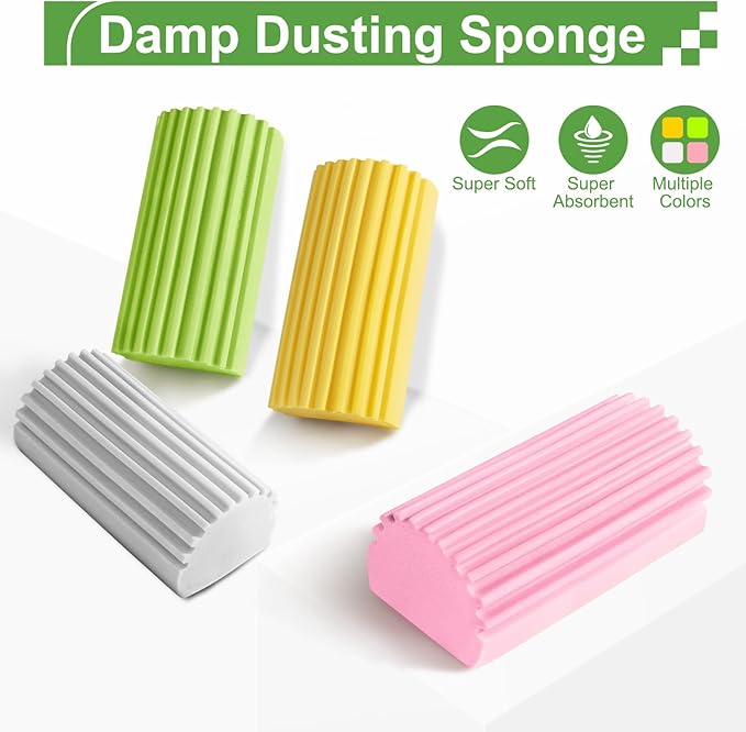 Jeymei Damp Clean Duster Sponge,4Pcs Dust Sponge for Cleaning,Multicolored | Damp Dusting Sponge with Ridges,Baseboard Cleaning Tool,Reusable Wet Duster Sponge,Household Cleaning Sponges for Blinds