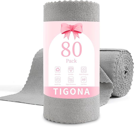 80 Pack Microfiber Cleaning Cloth Roll,Lint Free Rags & Tear Away Reusable Towels Washable Scratch,Ultra Absorbent Dish Rags(12" x 12") for Car Kitchen Home Garage-Light Gray