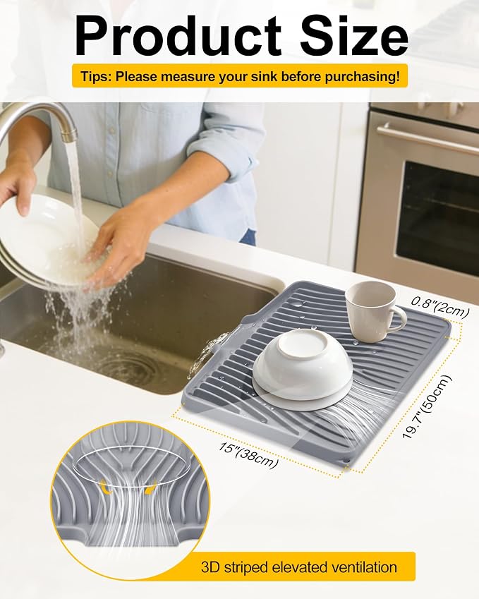 Silicone Dish Drying Mat, Stone Drying Mat for Kitchen Counter with Built-In Drain, Non-Slip Drain Pad with Built-in Drain, Heat Resistant Stone Drying Mat, 1Pcs 19.7" x 15", Grey