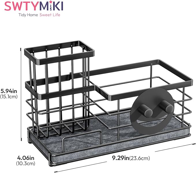 SWTYMIKI Kitchen Sink Caddy Organizer, Quick Dry Smiley Face Sponge Holder with Instant Drying Stone, Large Rustproof Sink Organizer for Kitchen Countertop Organization, Black