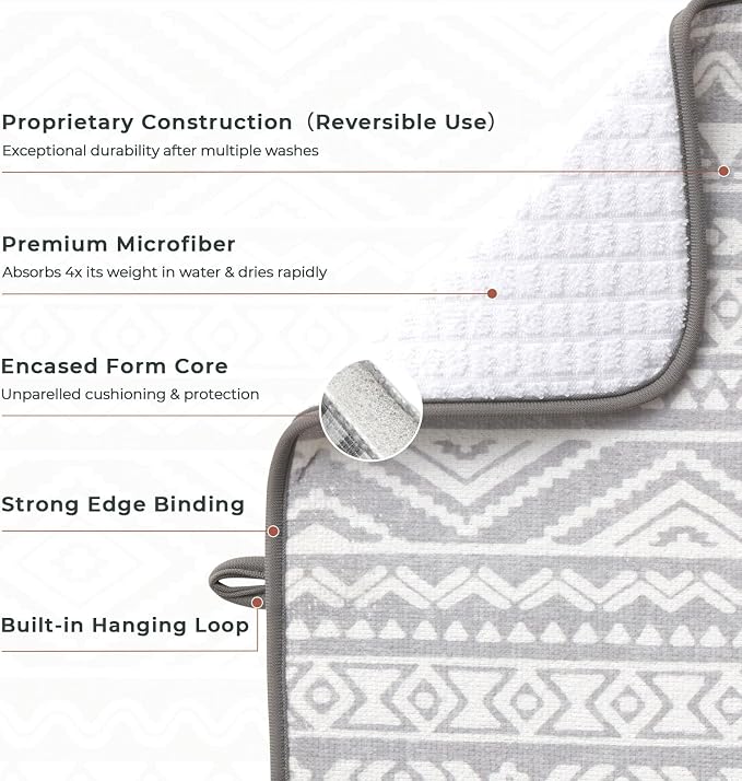 FRESHMINT Printed Dish Drying Mats for Kitchen Counter 2 Pack Absorbent Reversible Drying Mats Microfiber Kitchen Countertop Protector Dishes Drying Pad Extra Large 18"x24" Dish Mat