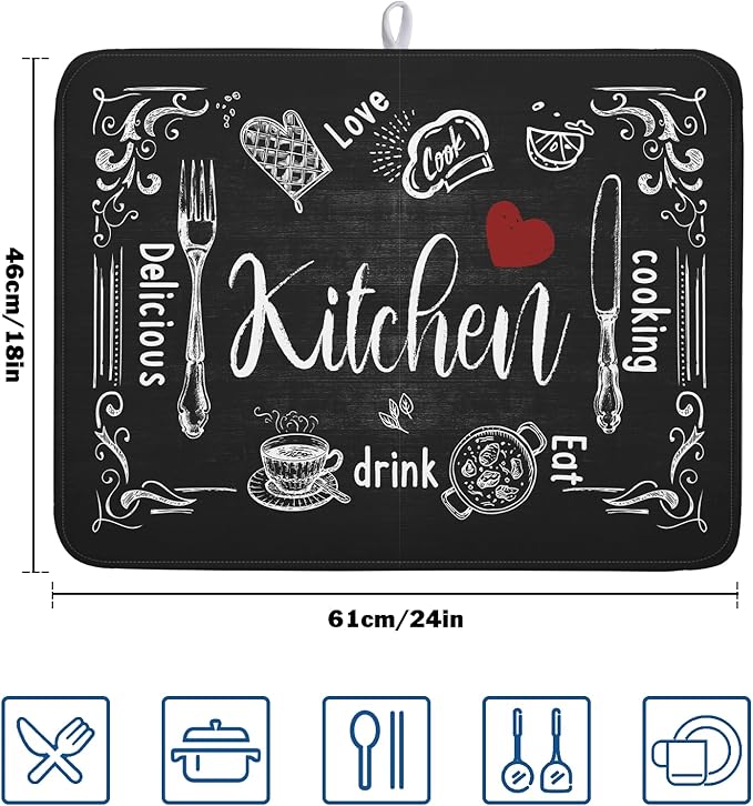 Kawani Black Coffee Bar Dish Drying Mats for Kitchen Counter 18x24 Inch, Kitchen Drying Mat, Kitchen Coffee Bar Dishes Pad Dish Drainer Rack Mats Absorbent Fast Dry Kitchen Accessories Square