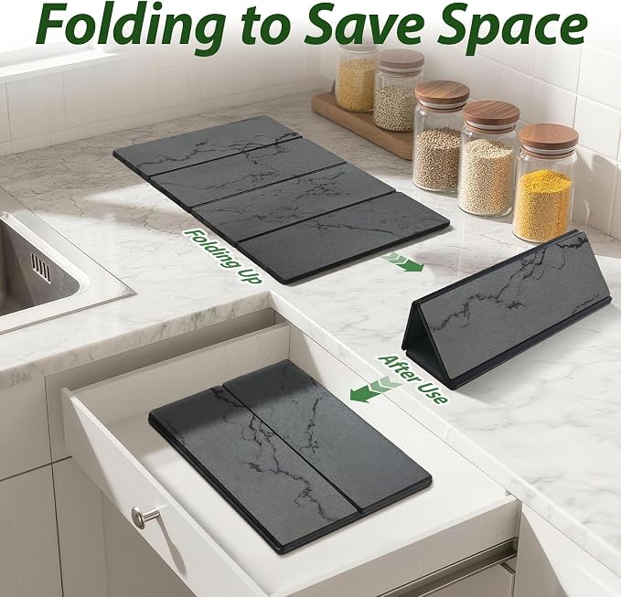 Large Stone Drying Mat for Kitchen Counter, 24"x16" Collapsible Quick Dry Dish Drying Mat, Water-Absorbent Marble Diatomaceous Earth Mats for Bottles Cups Dishes, Match Any Countertop
