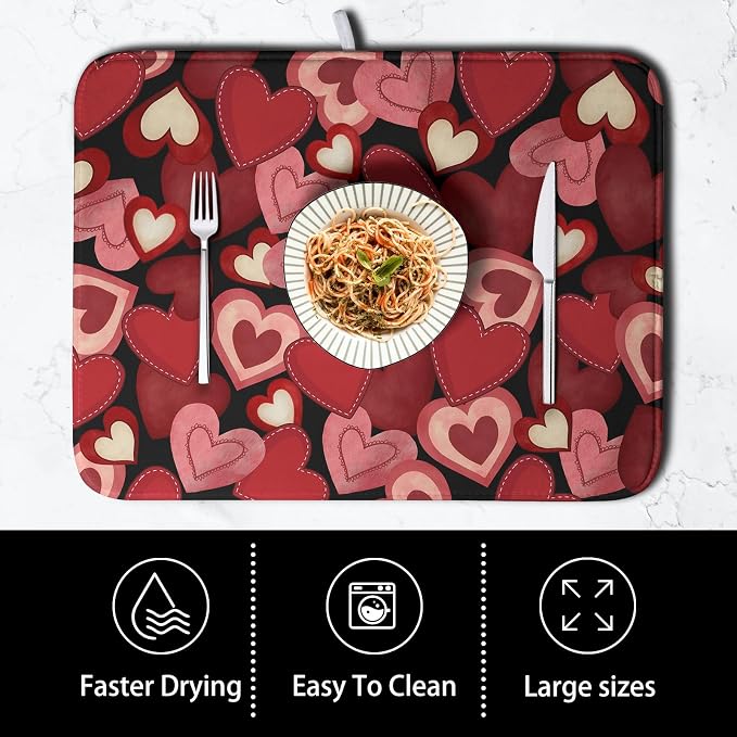 Valentine Dish Drying Mat for Kitchen Counter Red Black Love Heart Drying Pad Microfiber Absorbent Coffee Bar Mat Heat Resistant Countertop Protector Dishes Drainer Mat 18x24 Inch