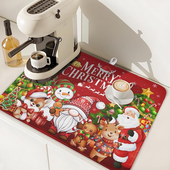 Merry Christmas Dish Drying Mat for Kitchen Counter 18x24 Inch | Xmas Theme Snowman Santa Claus Trees Pattern Dish Drainer Mat Rustic Holiday Absorbent Washable Drying Pad