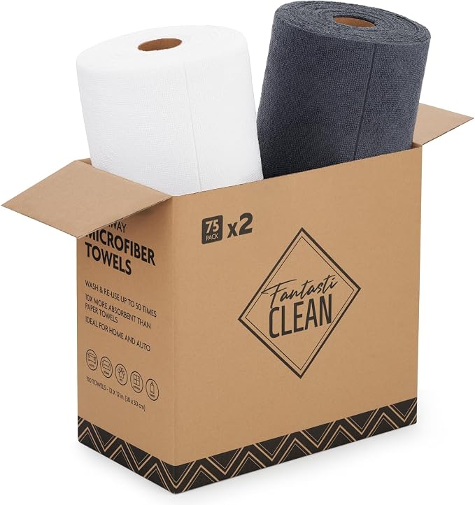 Fantasticlean Microfiber Cleaning Cloth Rolls -150 Sheets (White, Dimgrey) | 12'' by 12'', Super Absorbent, Lint-free, Tear-away Microfiber Towel Roll, for All-Purpose Cleaning