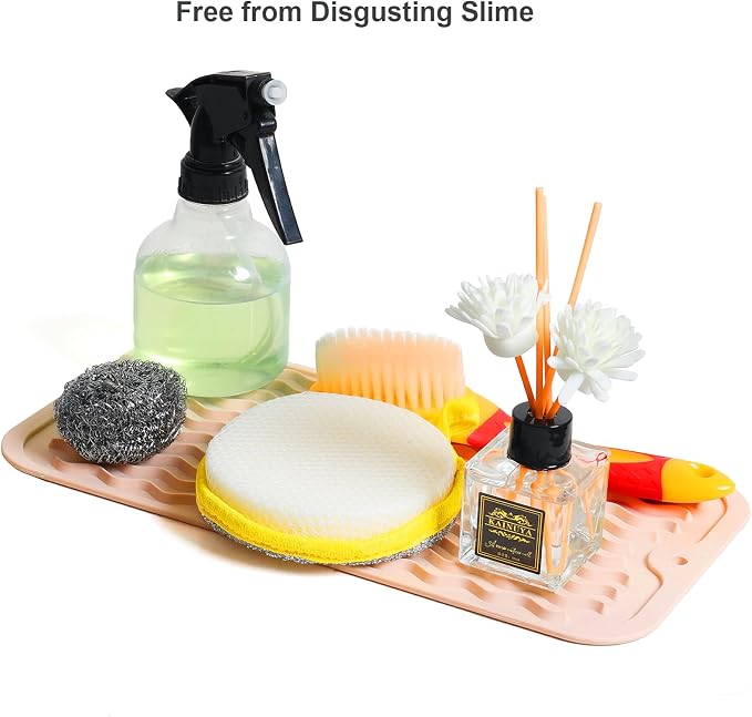 ZLR Silicone Sink Caddy Tray (6" x 12" / 153 x 305mm) - Narrow Sponge Holder for Kitchen Counter - Waterproof Dish Drying Mat, Non-Slip Soap Dispenser Mat & Bathroom Vanity Organizer (Peach Pink)