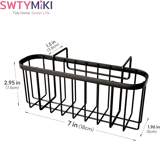 SWTYMIKI Sponge Holder for Kitchen Sink with Partition, Movable Kitchen Sink Caddy with Compact Size Stainless Steel Hanging Sink Sponge Caddy for Double Bowl Sinks, Black