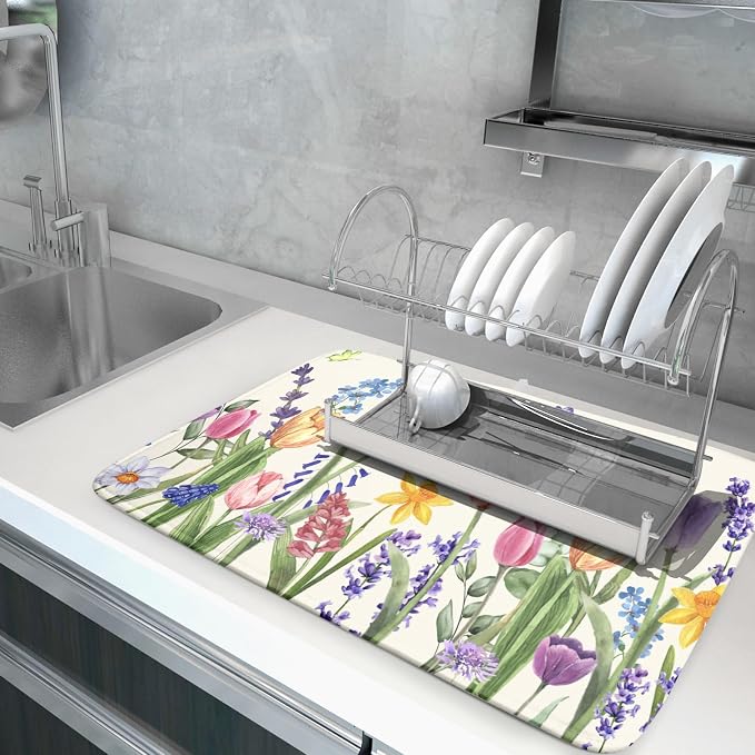 Spring Summer Floral Dish Drying Mat for Kitchen Counter 18x24 Inch Spring Flowers Dish Drainer Rack Mats Absorbent Kitchen Drying Mat Botanical Floral Drainer Rack Mats for Kitchen Countertop Decor