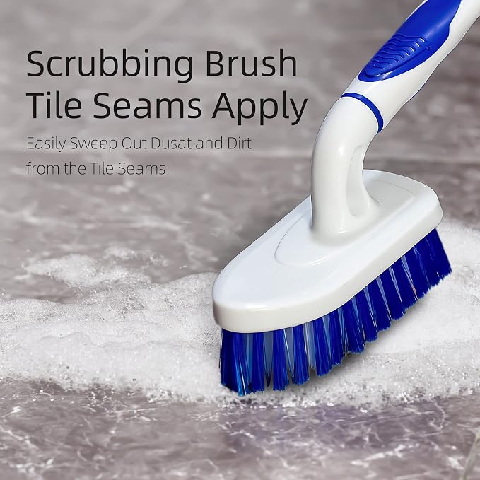 2-Pack Scrub Brush for Cleaning with Long Handle, White&Blue | Medium Firm Bathroom Cleaning Supplies, Bathtub and Shower Cleaner Brush, Multi-Scene Use for Kitchen or Carpet Cleaning