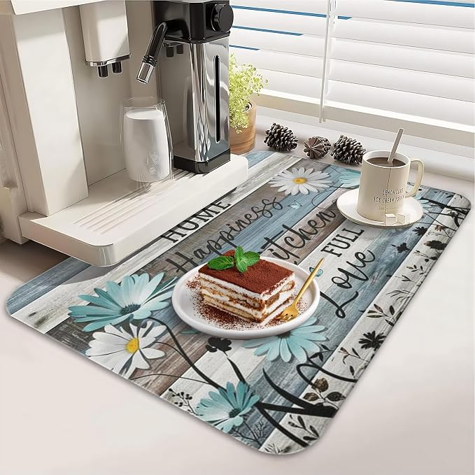 Dish Drying Mat 2-Pack in Daisy Floral Wood for Kitchen Counter Dishes Mat | Diatom Mud Mats (18x24, 19.5x12"). Non-slip rubber back for kitchen counter, coffee bar & sink scenes