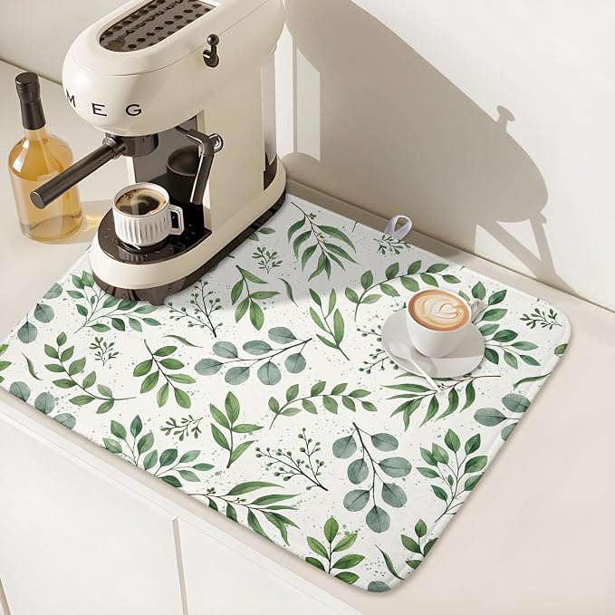 Kawani Sage Green Dish Drying Mat 16x18 In Absorbent Reversible Eucalyptus Leaves Plant Drying Mat Green Plant Dish Drying Rack Mat Spring Summer Themed Dish Drainer Mat for Kitchen Counter Coffee Bar