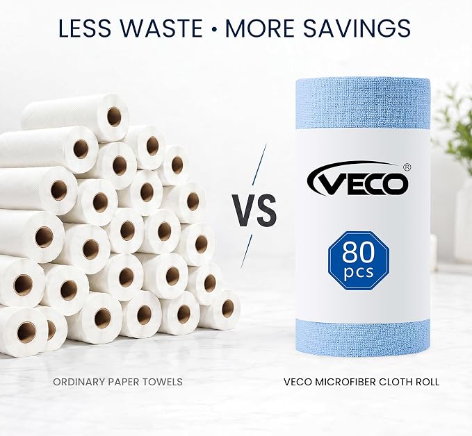 Veco Microfiber Cleaning Cloth Roll 80 PCS, 12" x 12" | Lint-Free, Streak-Free, Tear Away Reusable Microfiber Towels, Cleaning Rags for Kitchen, Car & Home, Blue