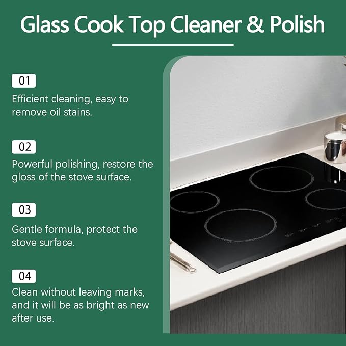 Glass Cooktop 3-in-1 Cleaner Kit, Removes Grease & Burnt-On Food, Safe for Gas, Induction, Electric Cooktops & Air Fryers, Stove Top Polish and Shine, Multi-purpose Cleanser (300g) (1)