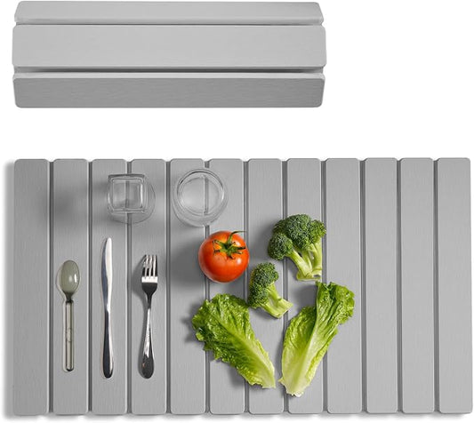 Meowoo Stone Drying Mat for Kitchen Counter, 28.3"x15.7" Foldable Diatomaceous Earth Mat, Super Absorbent, Quick-Dry Bath & Kitchen Pad for Dishes, Cups, Non-Slip, Fit Any Countertop - Light Gray