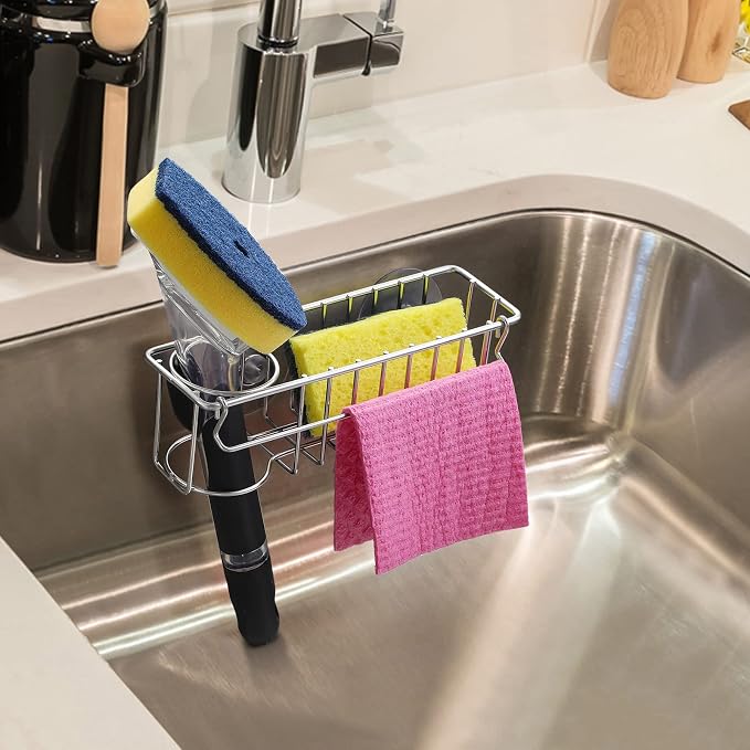 3-In-1 Sponge Holder for Kitchen Sink with Suction Cups & Adhesive Hook , In-sink Sponge Holder, Wall Hanging Sink Caddy Organizer Rack - Sponge, Dish Cloth, Brush, Scrubber - 304 Stainless Steel