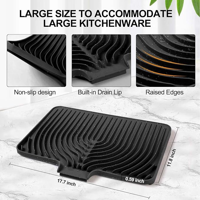 Dish Drying Mat for Kitchen Counter, with Built-in Drain Lip, Food-Grade Silicone, Easy Clean Pad for Countertop Protection, Multi-Functional Use (18 x12 Raised Sink, Black)