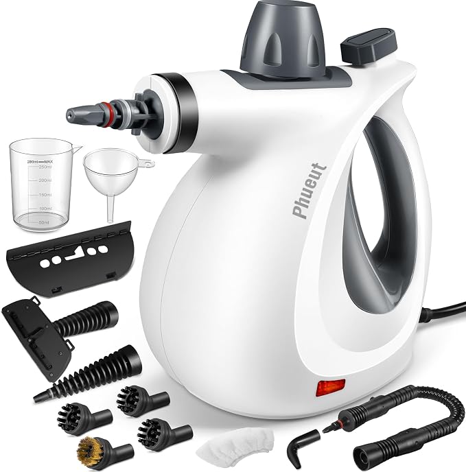 Phueut Pressurized Handheld Multi-Surface Natural Steam Cleaner with 12 pcs Accessories, Multi-Purpose Steamer for Home Use, Steamer for Cleaning Floor, Upholstery, Grout and Car (Grey)