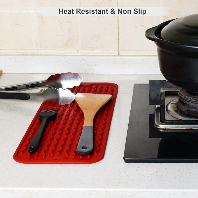 ZLR Small Dish Drying Mat (6" x 17" / 153 x 433mm) - Narrow Silicone Drainer for Kitchen Counter, Apartment & RV - Compact Sponge Holder & Sink Caddy Tray, Non-Slip Food-Grade Silicone (Lava Red)