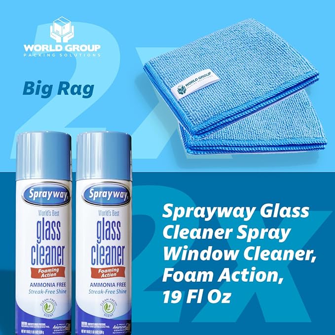Glass Cleaner Foam, Foaming Action & Spray, 19oz - 2 Pack - Clean Fresh Scent - Bundled With 2 Microfiber Rags