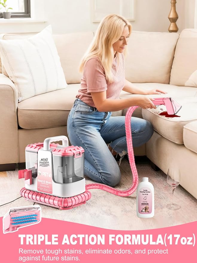 Portable Carpet & Upholstery Cleaner Machine for Pets, Powerful Suction Spot Cleaner for Couch, Sofa, Rugs, Stairs & Car Interior, Lightweight Deep Stain Remover with Cleaning Solution, Pink