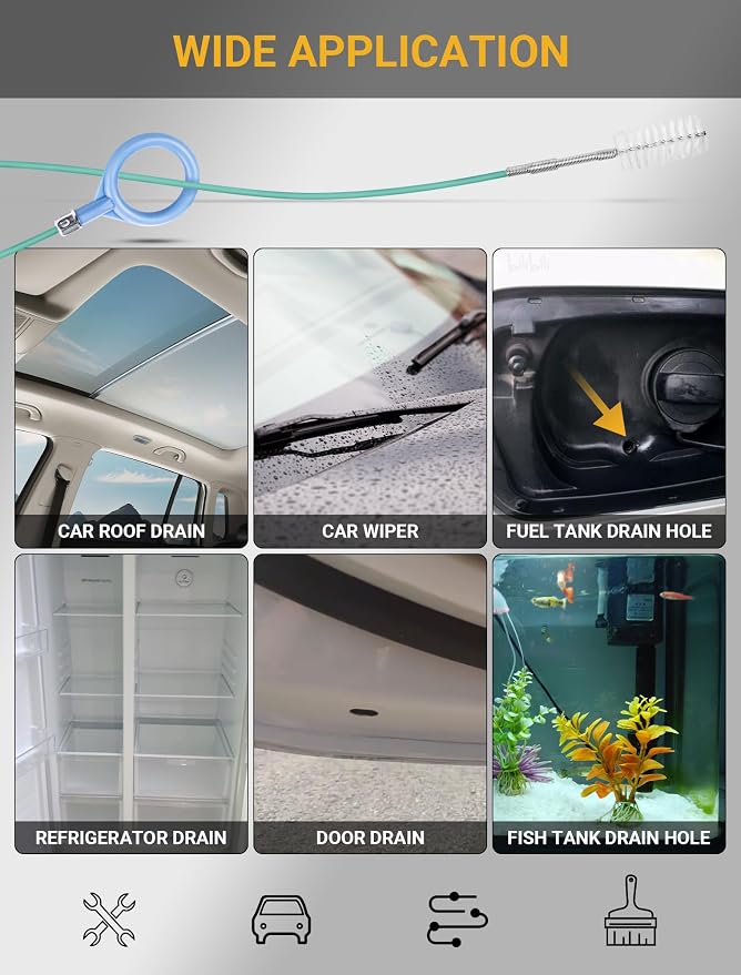 SARDVISA 2-Pack 78-Inch Sunroof Drain Brushes, Flexible Tube Cleaners | 2 Flexible 78-Inch Brushes Reach Curved Drain Tubes to Remove Dirt and Debris from Sunroofs, Doors, Wipers and Narrow Pipes