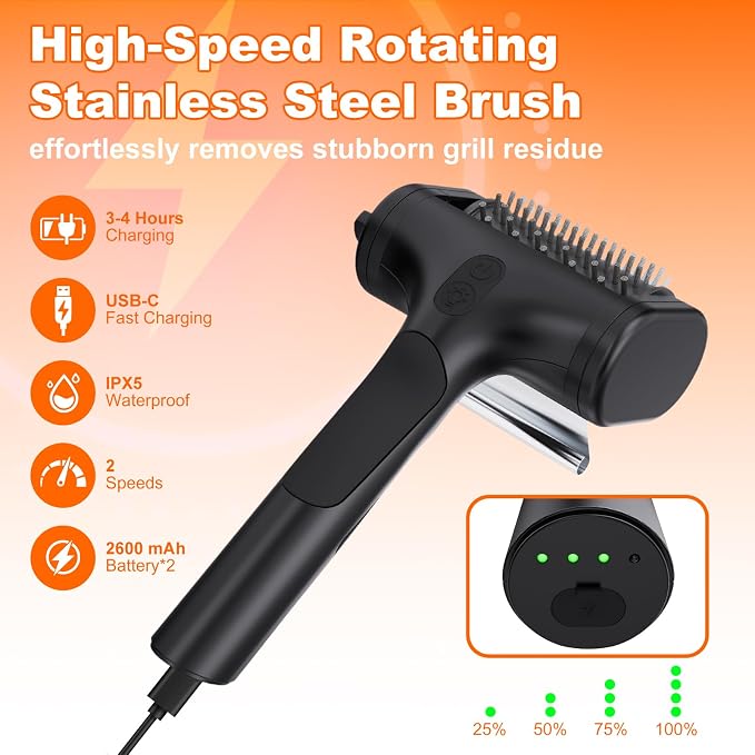 Electric Grill Brush – 2600mAh Rechargeable Outdoor Grill Cleaner, 2-Speed Adjustable (Up to 1000 RPM), 2 Replacement Heads, with LED Light, for BBQ Grates/Camping Stoves (Black)