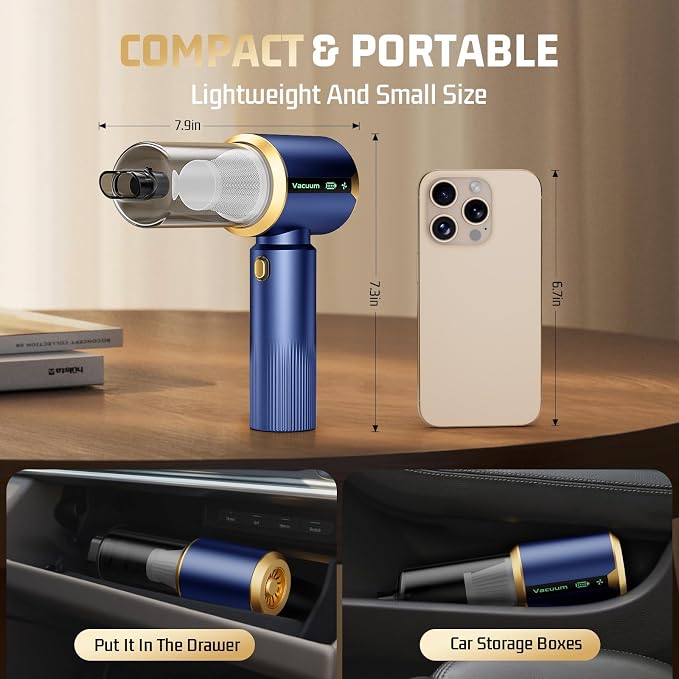 Cordless Car Vacuum Cleaner: 7-in-1 & 16000Pa Suction - Navy Blue | Handheld Vacuum Cleaner with Brushless Motor - LED Battery Display & Type-C Charging - For Car, Home, Pet Hair