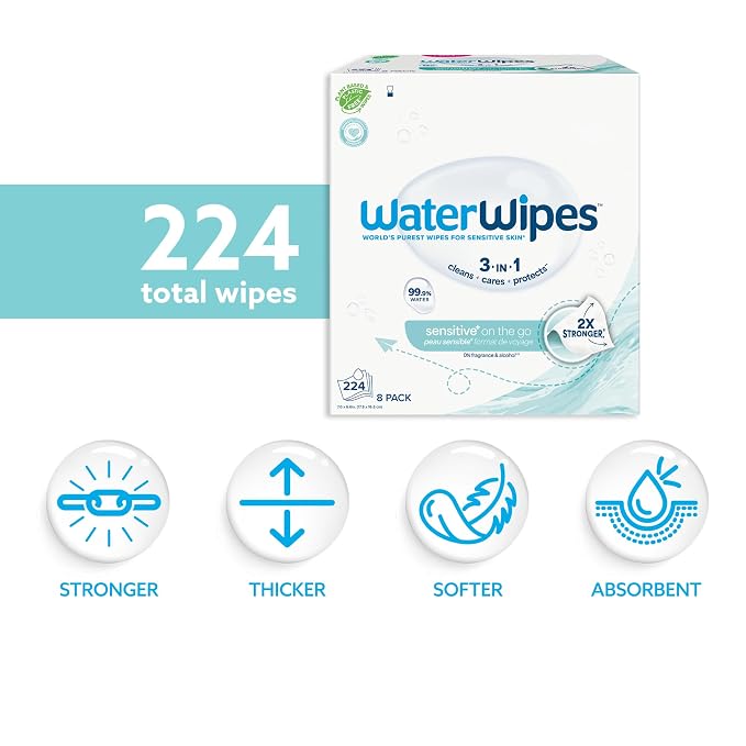 WaterWipes Sensitive+ On The Go Wipes, 3-In-1 Cleans, Cares, Protects, 99.9% Water, Unscented & Hypoallergenic Wet Wipes, 224 Count (8 Packs)