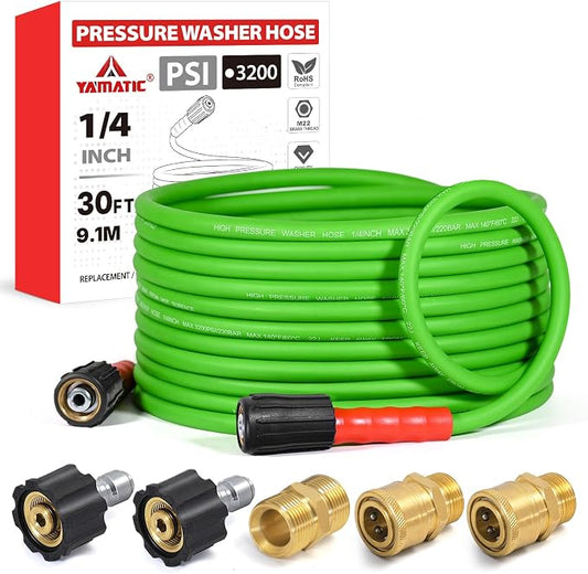 YAMATIC Super Flexible Pressure Washer Hose 30FT for Power Washer Replacement, Kink Resistant Extension With Leak-Free M22-14mm Female & 3/8" Quick Connect Adapters, 1/4" 3200 PSI, Green