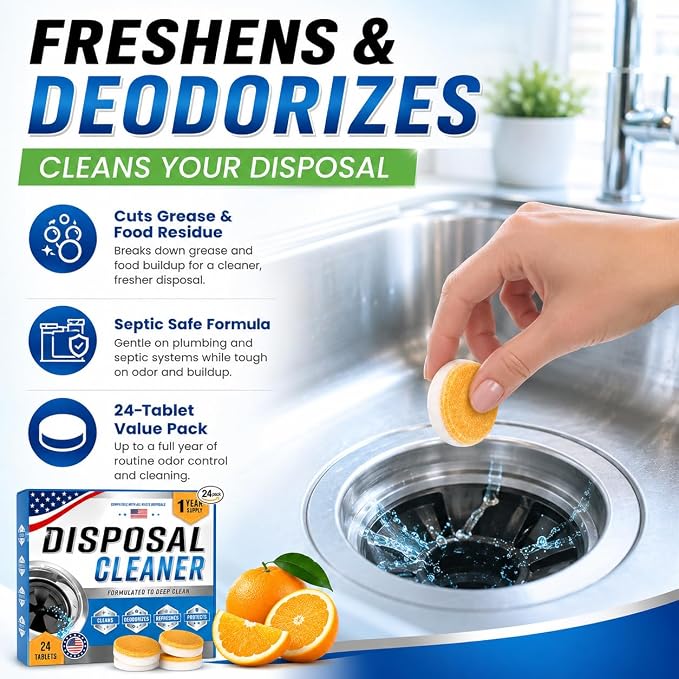 Garbage Disposal Cleaner Deodorizer Tablets, XL Foaming Citrus Sink Drain Disposal Cleaner Tablets Odor Eliminator, Grease Grime Food Residue Remover, Septic Safe, 24 Pack for 1 Year Supply