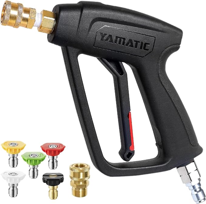 YAMATIC Short Pressure Washer Gun with Stainless Steel 3/8" QC 4000 PSI | 360° Swivel with Easy Pull Trigger 5 Nozzle Tips 1/4" Outlet Replacement for Ryobi Simpson Craftsman Greenworks Troy Bilt
