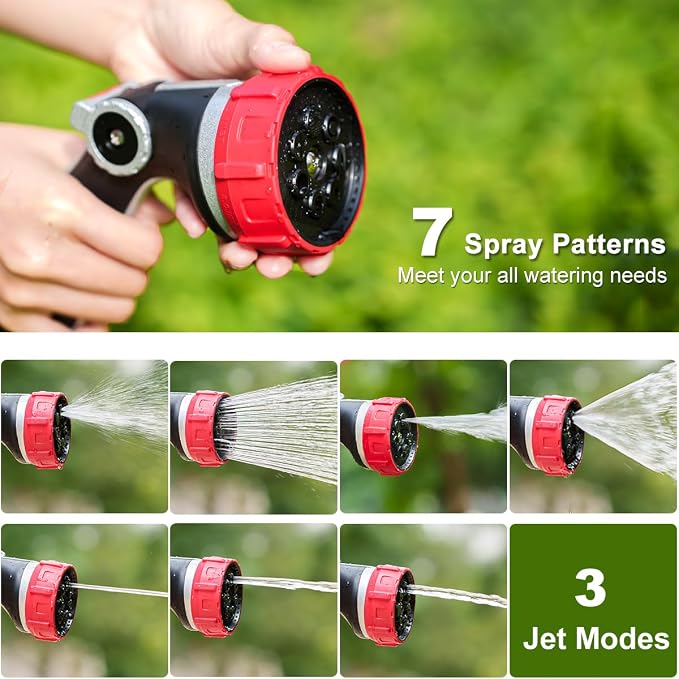 FANHAO Professional Garden Hose Nozzle Heavy Duty Metal, Thumb Control Spray Nozzle with 7 Patterns, High Pressure Water Nozzle with 3 Adjustable Jet Modes for Car Wash, Watering Lawn and Pets