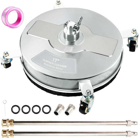 17" Pressure Washer Surface Cleaner with 4 Wheels, Stainless Steel Power Washer Surface Cleaner for Driveways Sidewalks Patios, 1/4" Quick Connector, 2 Extension Wand, 4000 PSI