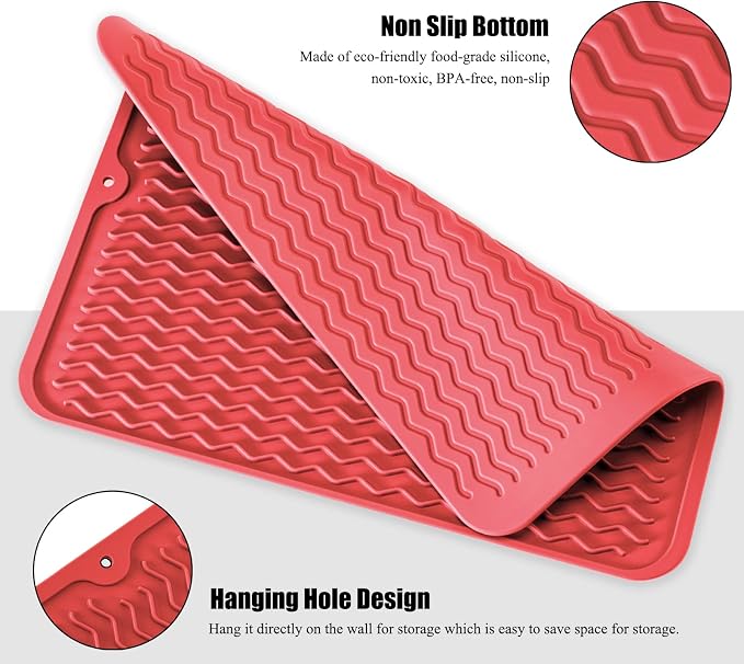 Large 14" x 11" Silicone Dish Drying Mat for Kitchen Counter, Easy clean, Quick Dry, Heat-resistant Dish Drainer Mat for Sink,Refrigerator or Drawer liner (Food Grade Silicone-Red)