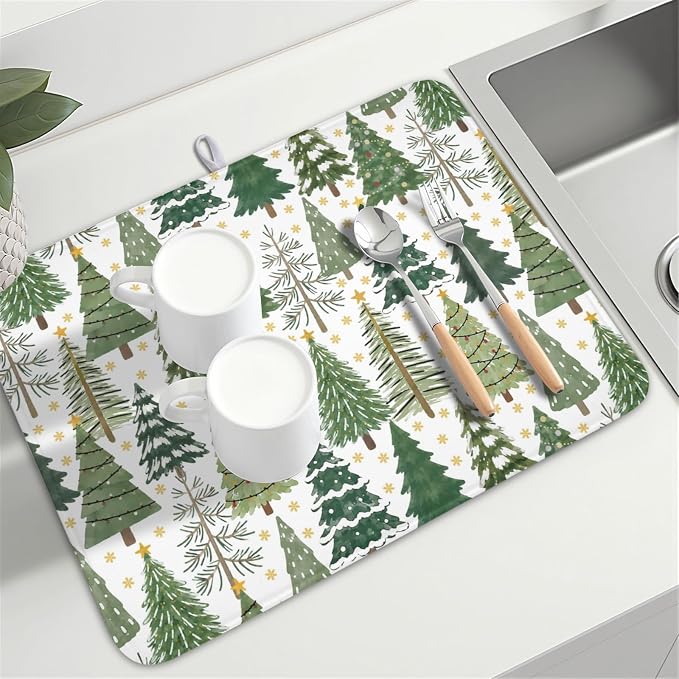 Christmas Dish Drying Mat 18x24 Inch Green Xmas Tree Winter Snowflake | Polyester，Absorbent Microfiber，for Kitchen Coffee Dining Bar Decor